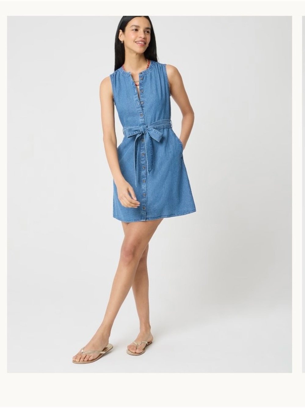 Sleeveless JCrew Blue Denim Button-Front Tie-Waist Dress